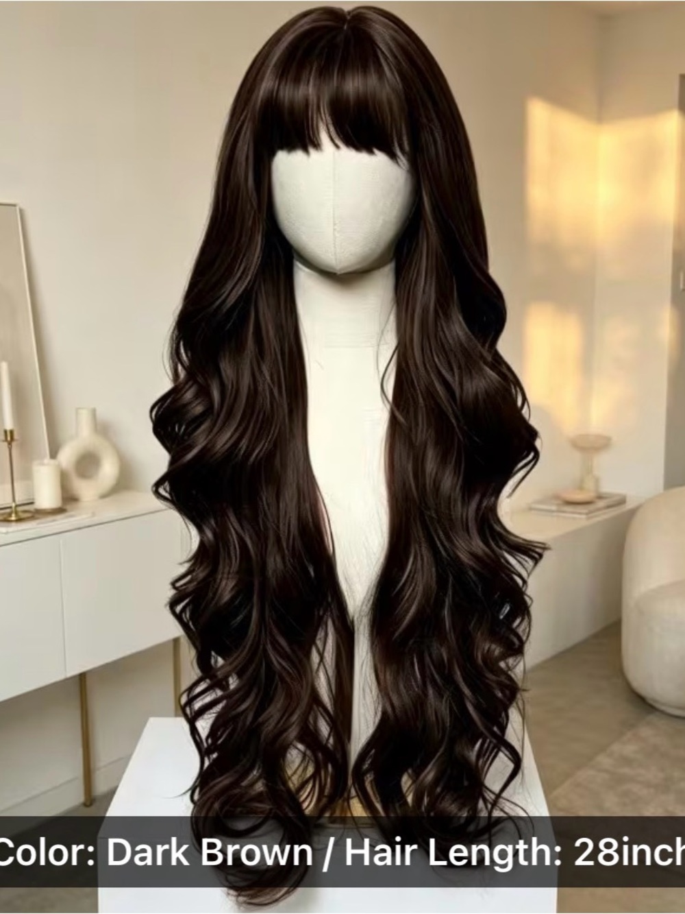 Dark Brown Long Wavy Women's Wig with Bangs